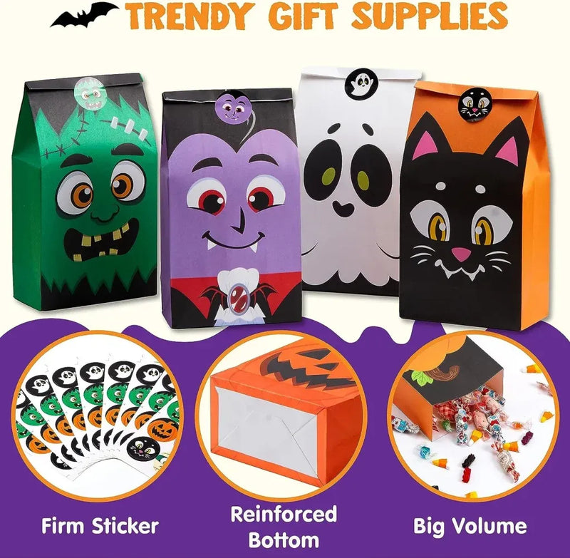 72PCS Halloween Treat Bags, 6 Styles Trick or Treat Paper Bags with Stickers, Halloween Goodie Bags for Kids