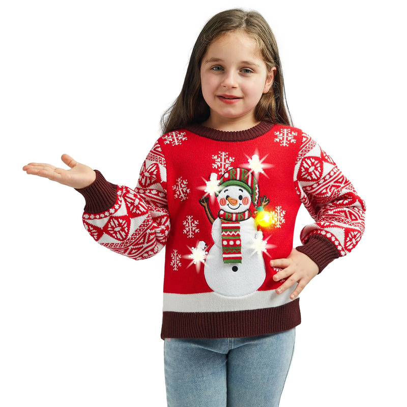 Kids Girls Snowman Red Ugly Sweater with Light Bulb