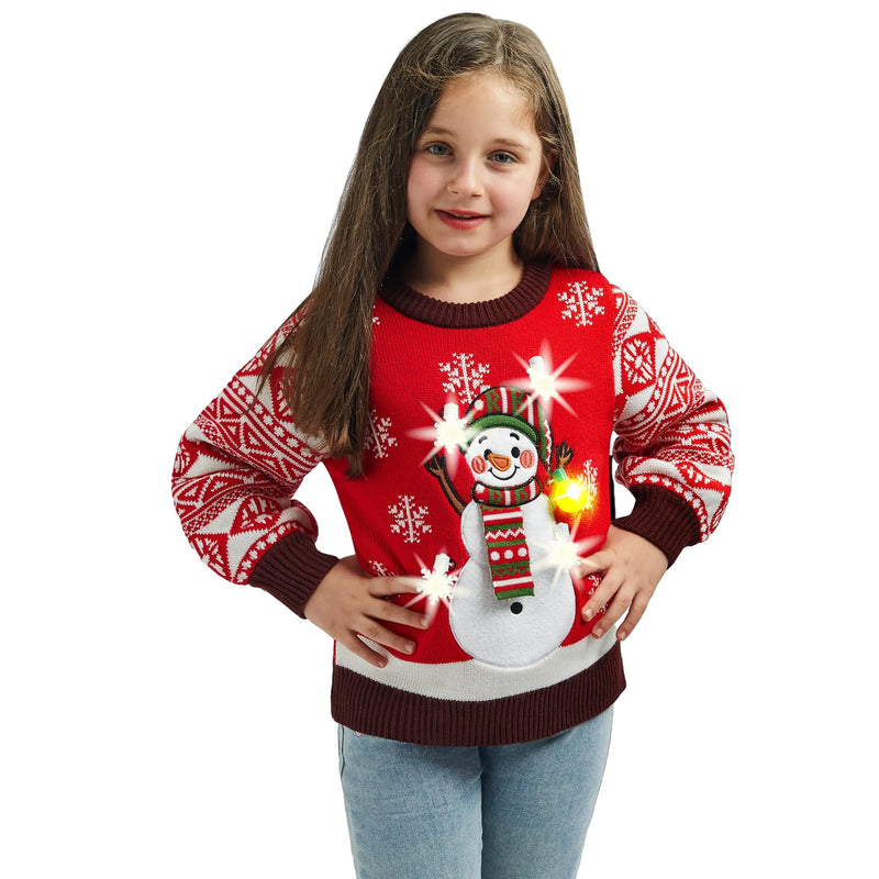 Kids Girls Snowman Red Ugly Sweater with Light Bulb