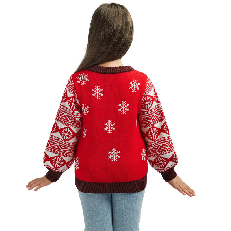 Kids Girls Snowman Red Ugly Sweater with Light Bulb