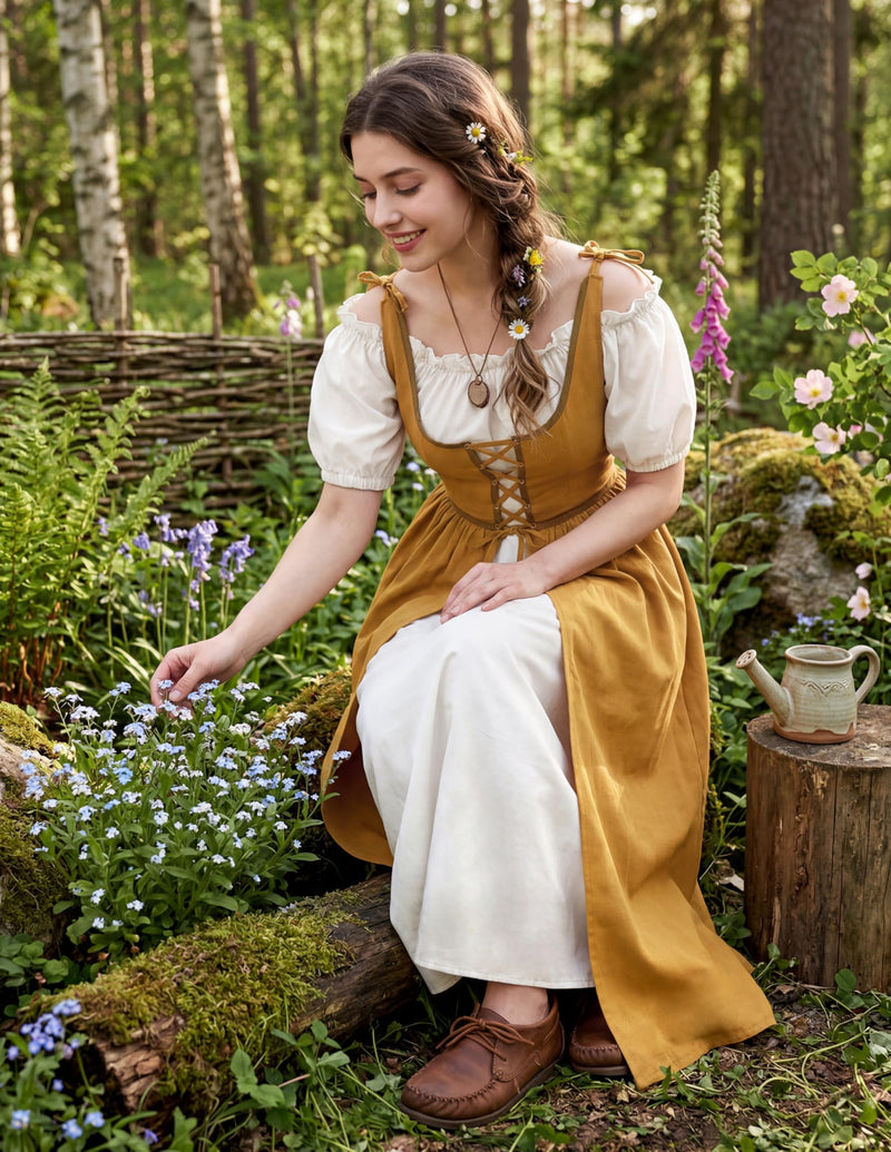 peasant dress women Ladies in Black adjusting the fit and fixing unraveled stitches and torn hems Ameline Peasant Overdress