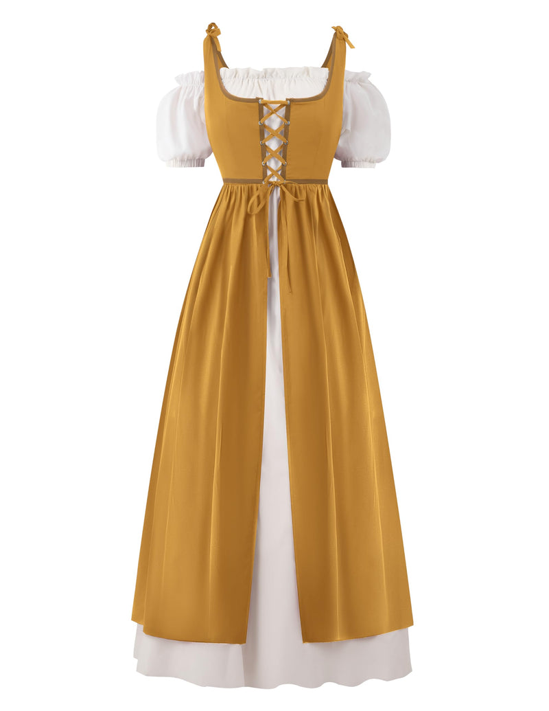 Women Medieval Renaissance Dress Costume, Short Sleeve Ren Faire Peasant Maxi Dress for Halloween Party