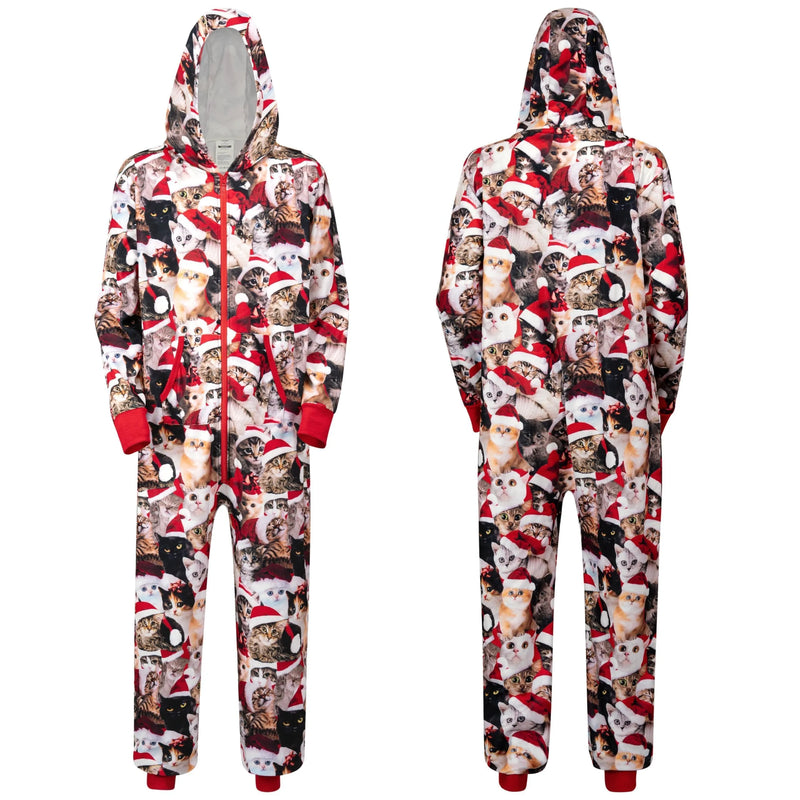 Men Cute Cat Print Christmas Hooded Pajamas, Adults Christmas Pajamas Outfits