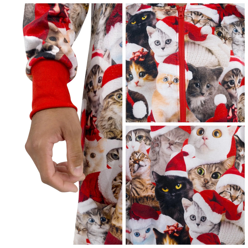 Men Cute Cat Print Christmas Hooded Pajamas Adults Christmas Pajamas