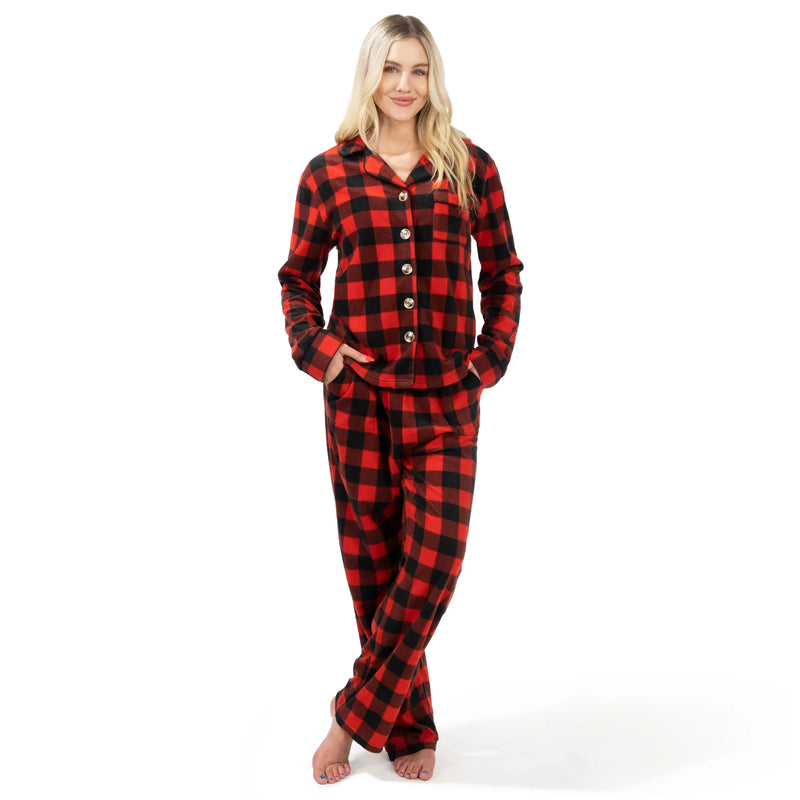 Red Classic Plaid Christmas Cozy Fleece Long Sleeve Pajamas for Women