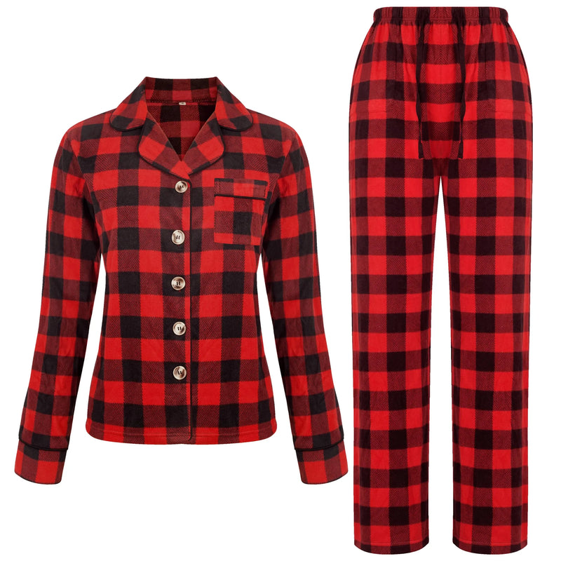 Red Classic Plaid Christmas Cozy Fleece Long Sleeve Pajamas for Women
