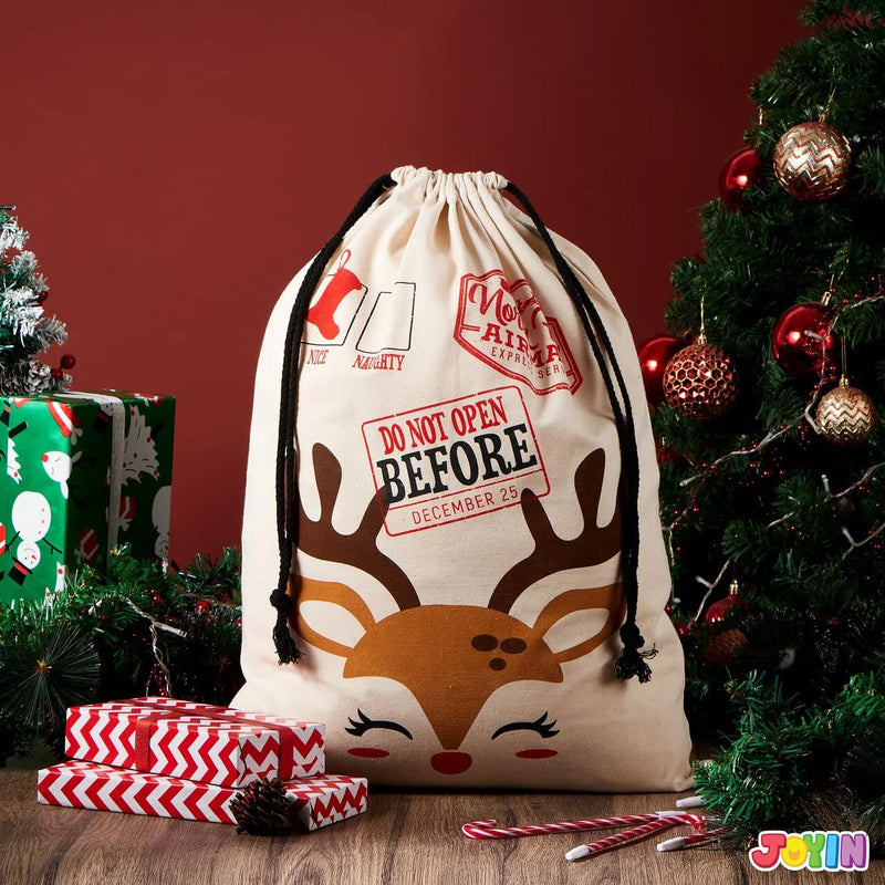 Santa Burlap Sack 26in x 19in, Christmas Reindeer Large Gift Bag