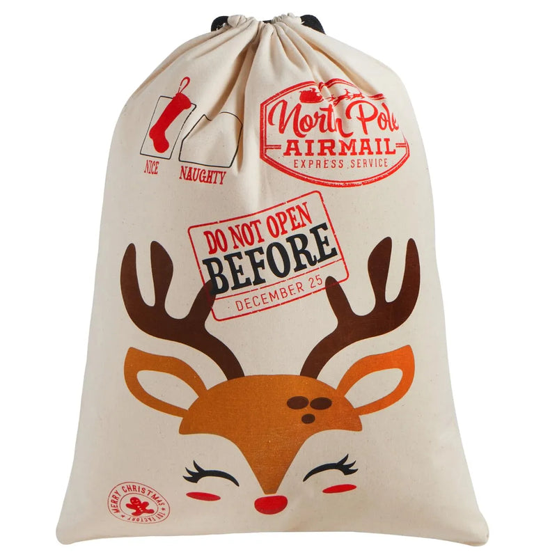 Santa Burlap Sack 26in x 19in, Christmas Reindeer Large Gift Bag