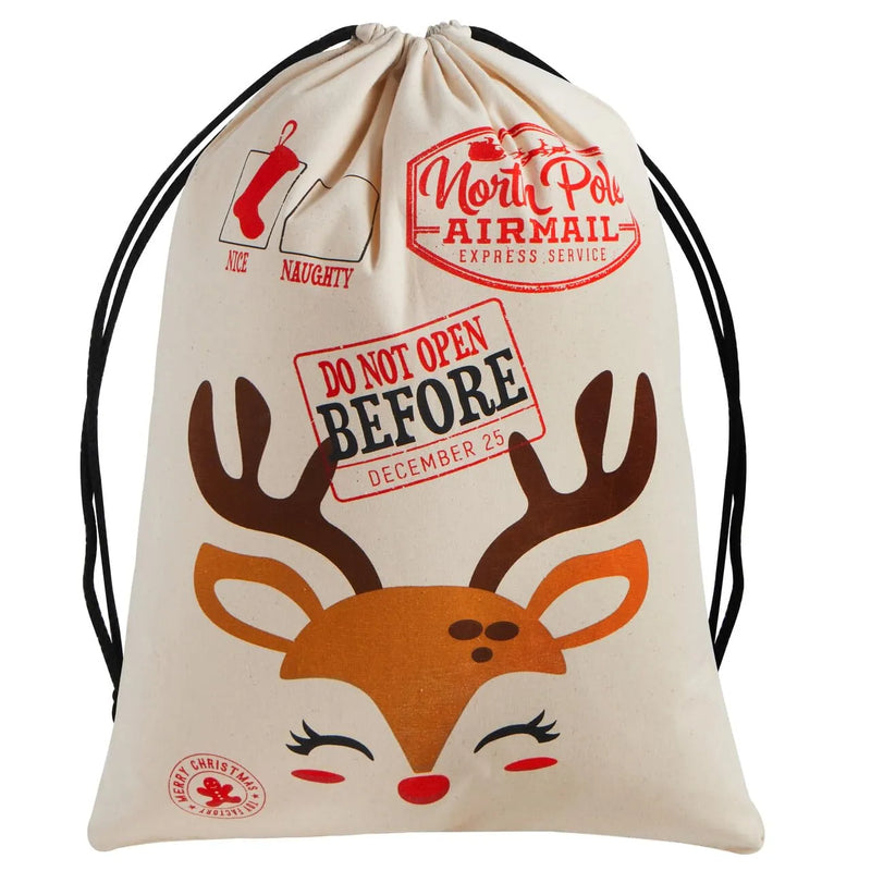 Santa Burlap Sack 26in x 19in, Christmas Reindeer Large Gift Bag