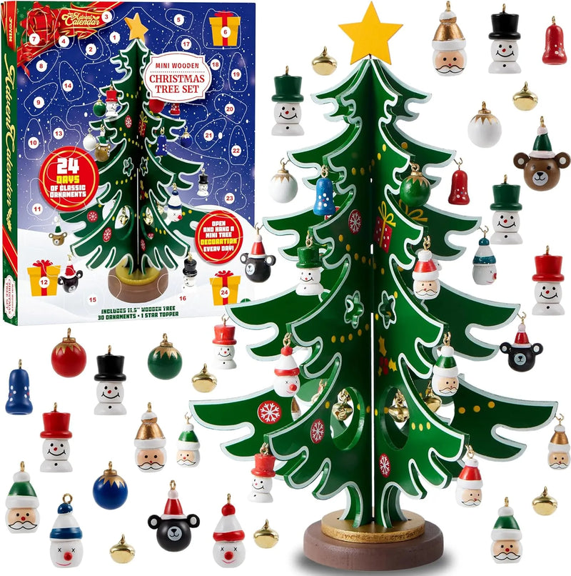 Christmas Advent Calendar Tabletop Wooden Christmas Tree and 24 Ornaments