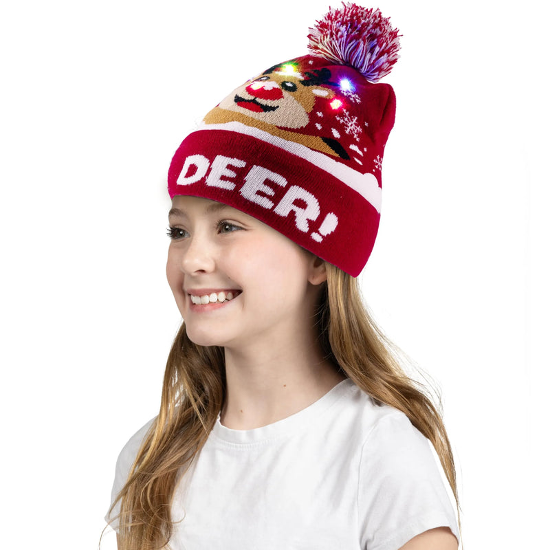 Unisex Adult Colorful Flashing LED Light-up Christmas Reindeer Beanie Hat