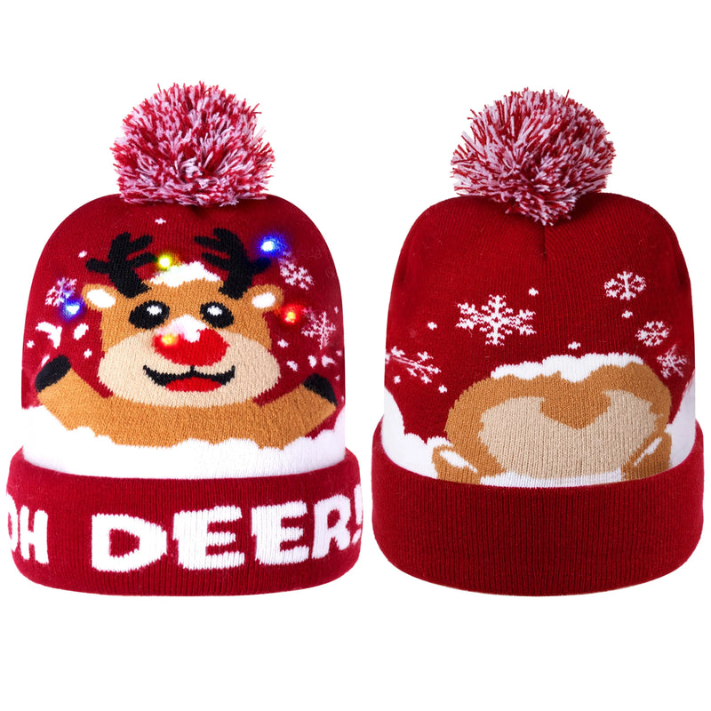 Unisex Adult Colorful Flashing LED Light-up Christmas Reindeer Beanie Hat