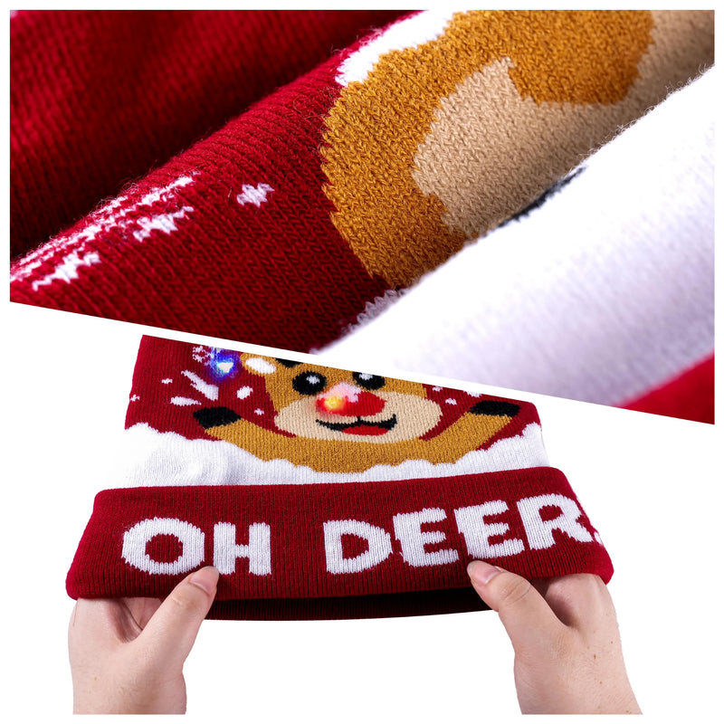 Unisex Adult Colorful Flashing LED Light-up Christmas Reindeer Beanie Hat