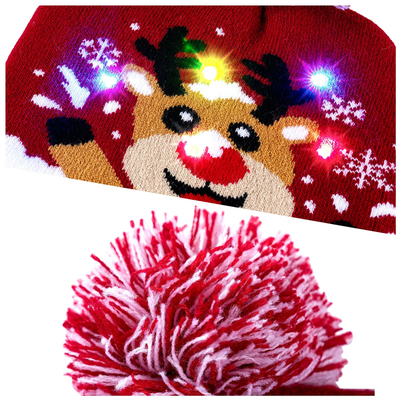 Unisex Adult Colorful Flashing LED Light-up Christmas Reindeer Beanie Hat