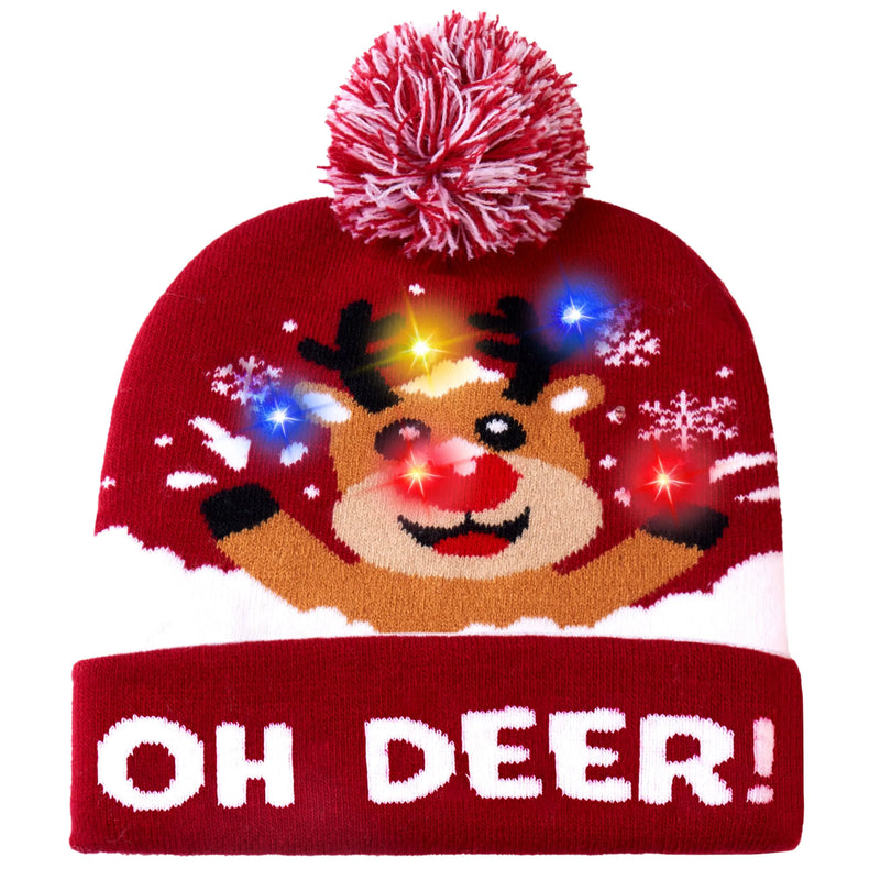 Unisex Adult Colorful Flashing LED Light-up Christmas Reindeer Beanie Hat