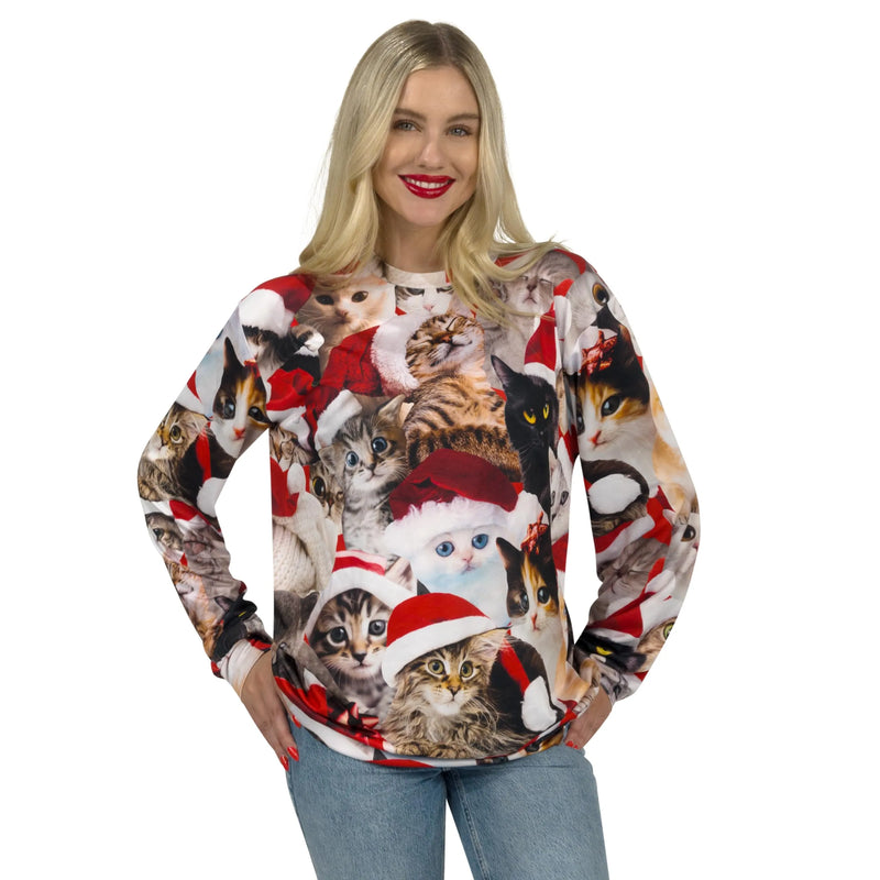 Unisex Loose Christmas Sweatshirt, Cute Kitten Pullover Ugly Christmas Sweater