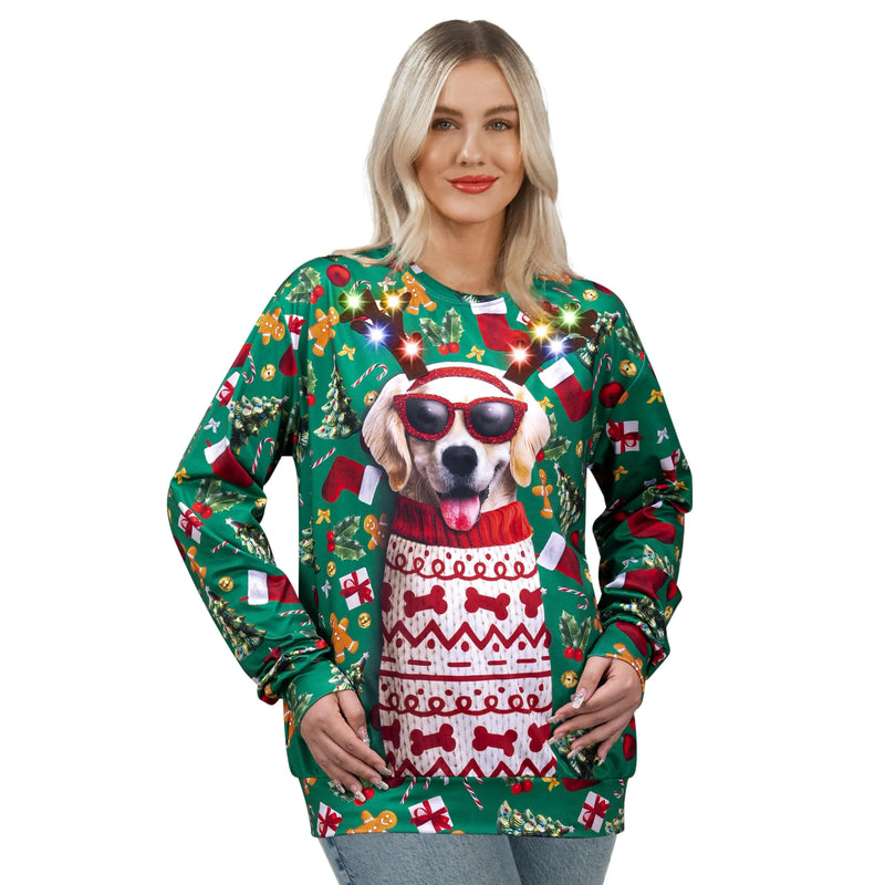 Unisex Ugly Sweatshirt, LED Light Up Reindeer Puppy Christmas Sweater