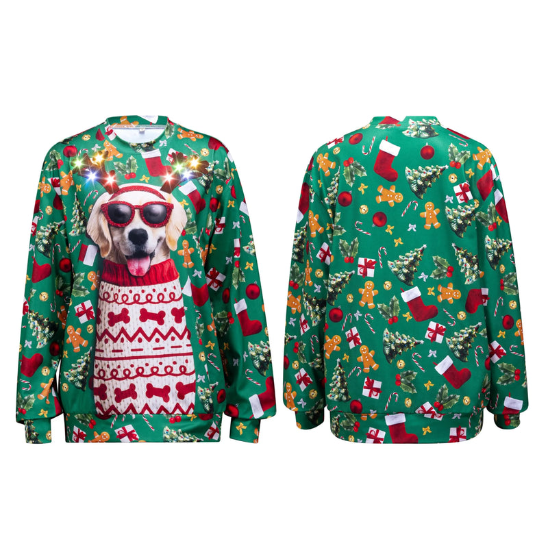 Unisex Ugly Sweatshirt, LED Light Up Reindeer Puppy Christmas Sweater