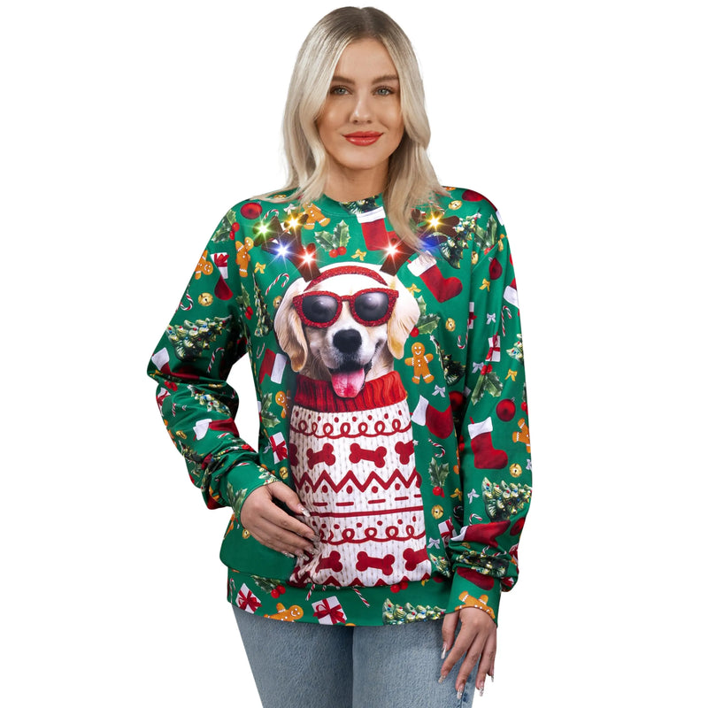 Unisex Ugly Sweatshirt, LED Light Up Reindeer Puppy Christmas Sweater