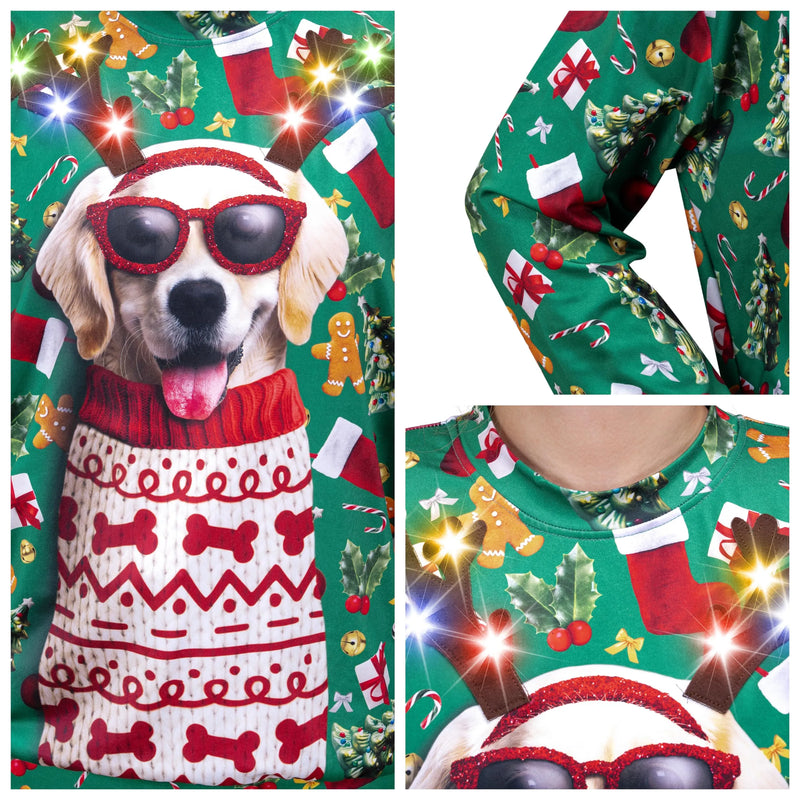 Unisex Ugly Sweatshirt, LED Light Up Reindeer Puppy Christmas Sweater