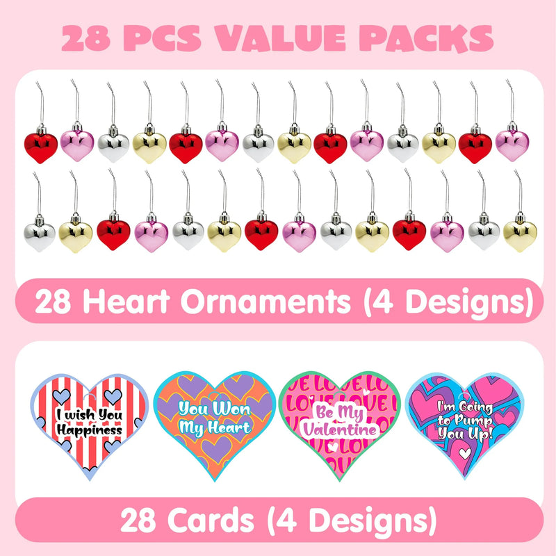 Valentine’s Day 28 Heart Shape Ornaments with Greeting Cards