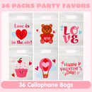 36 Pcs Valentine's Day Cellophane Gift Bags - 6 Designs for Candy, Cookies & Kids Party Favors