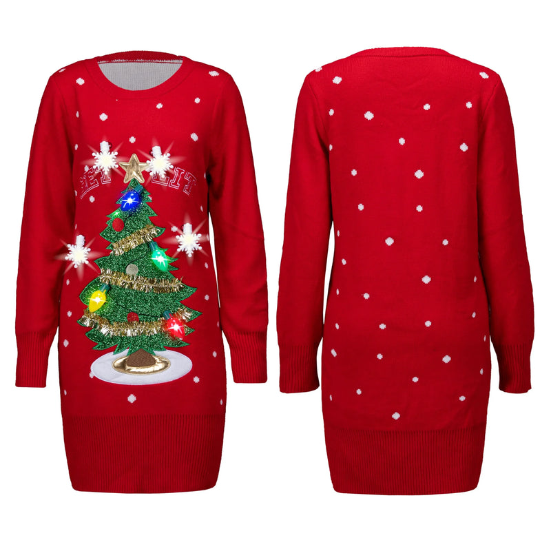 Woman Ugly Sweater Dress with 3D Christmas Tree and Novelty Light