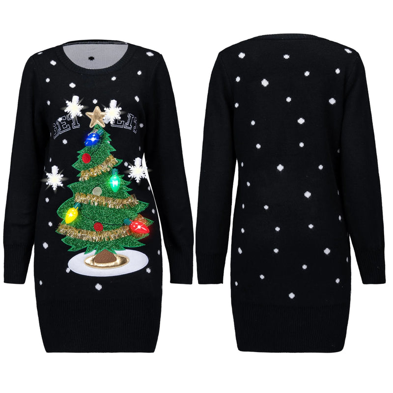 Woman Ugly Sweater Dress with 3D Christmas Tree and Novelty Light, M Woman Ugly Sweater Dress with 3D Christmas Tree and Novelty Light, M