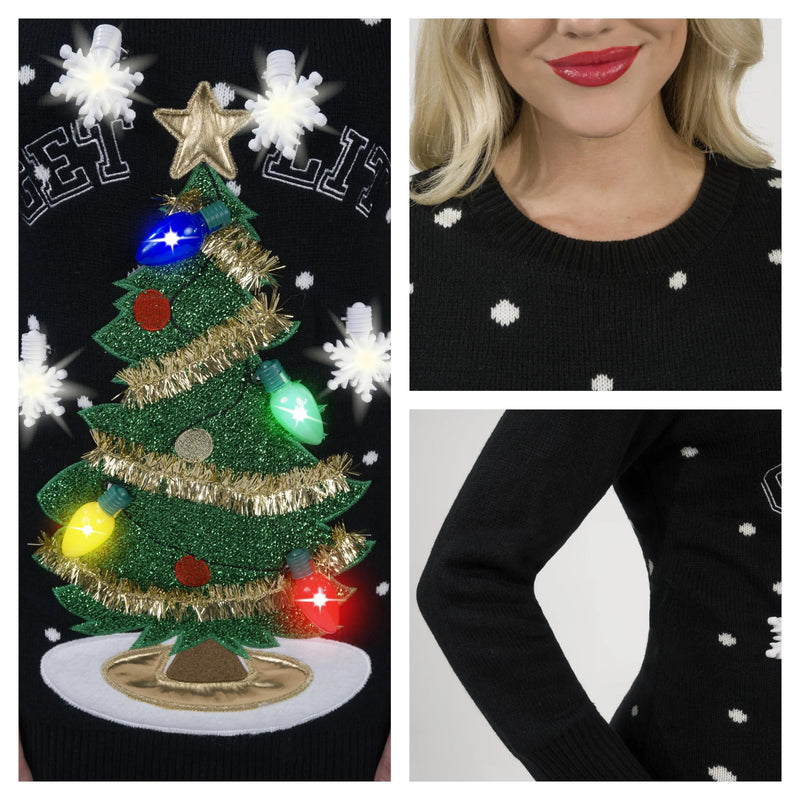 women's christmas tree dress Woman Ugly Sweater Dress with 3D Christmas Tree and Novelty Light, M