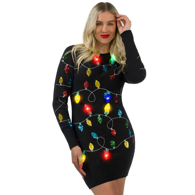 Women Black Long Christmas Sweater Dress with Colorful Light Up Bulbs Women Black Long Christmas Sweater Dress with Colorful Light Up Bulbs