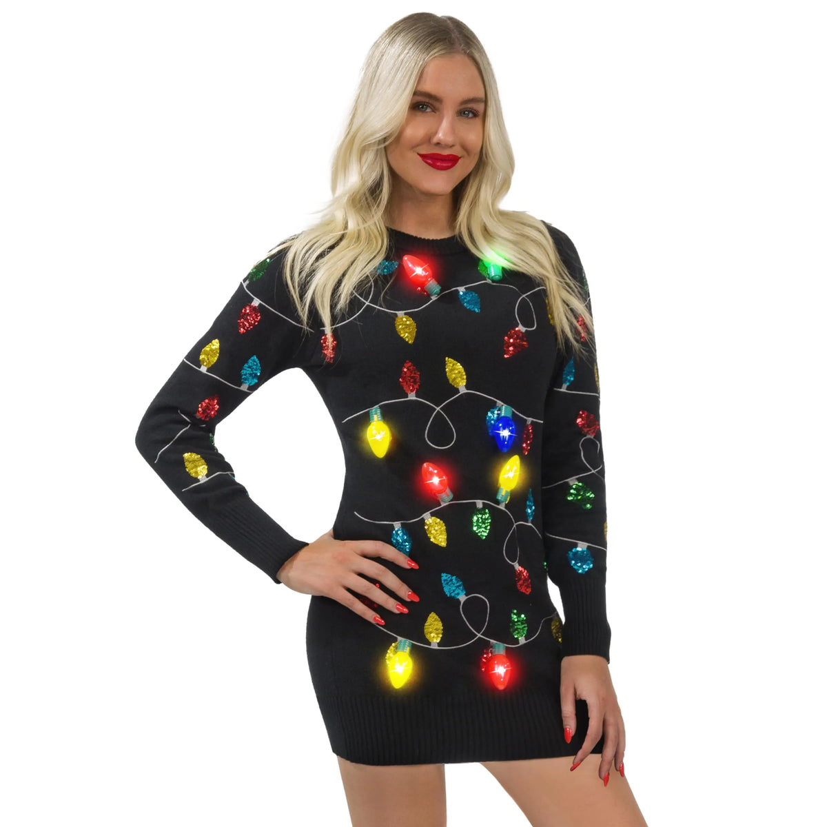 Women Black Long Ugly Christmas Sweater Dress with Colorful Light Up Bulbs