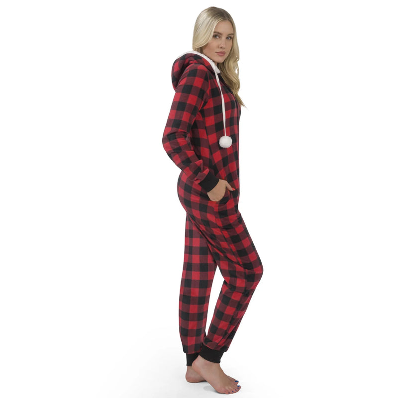 Women Red Plaid Pajamas Outfit with Hood, Flannel Sherpa Lined Hoody Pajamas