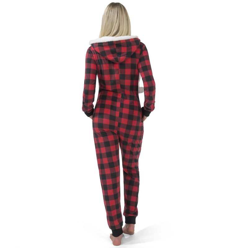 Women Red Plaid Pajamas Outfit with Hood, Flannel Sherpa Lined Hoody Pajamas