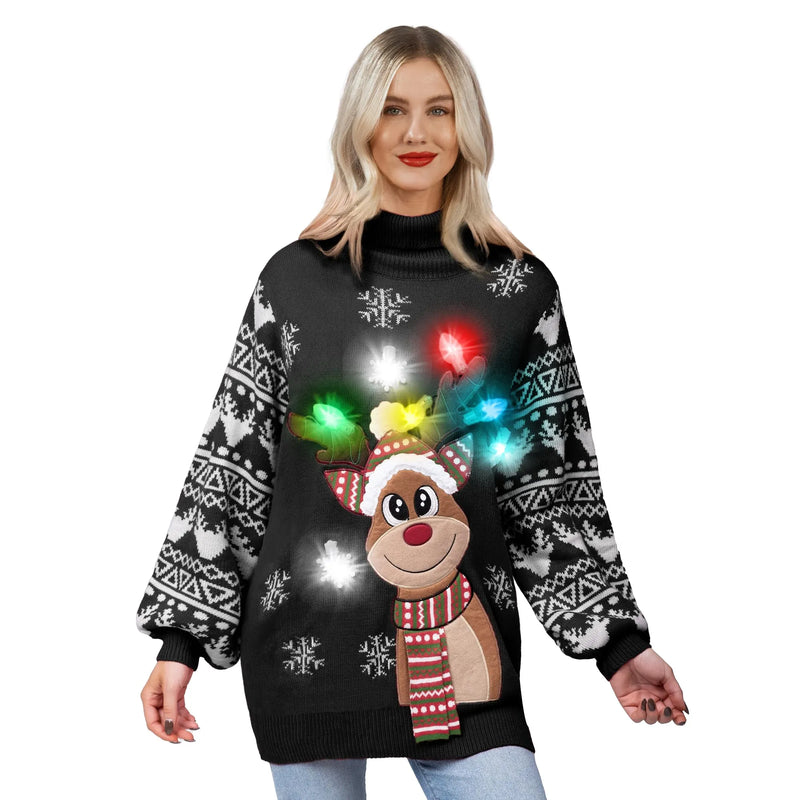 Women’s Christmas Reindeer Ugly Long Sweater LED Light Up Sweater