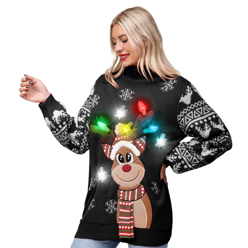 Women’s Christmas Reindeer Ugly Long Sweater LED Light Up Sweater