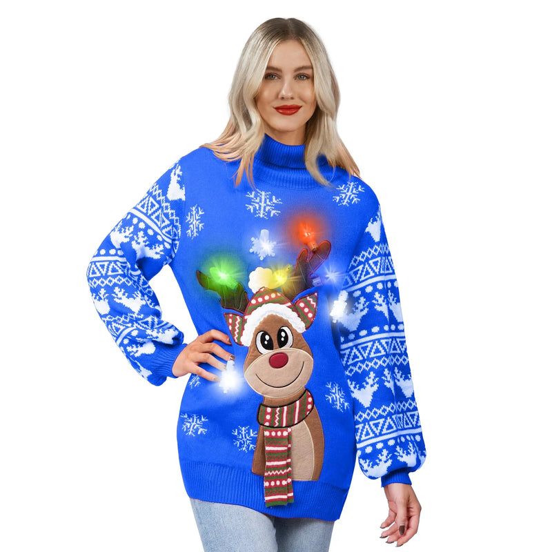 Women’s Christmas Reindeer Ugly Long Sweater LED Light Up Xmas Sweater