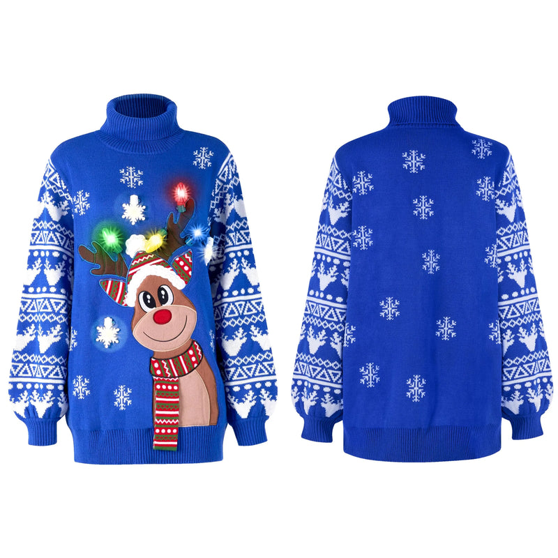 Women’s Christmas Reindeer Ugly Long Sweater LED Light Up Xmas Sweater