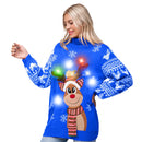 Women’s Christmas Reindeer Ugly Long Sweater LED Light Up Xmas Sweater