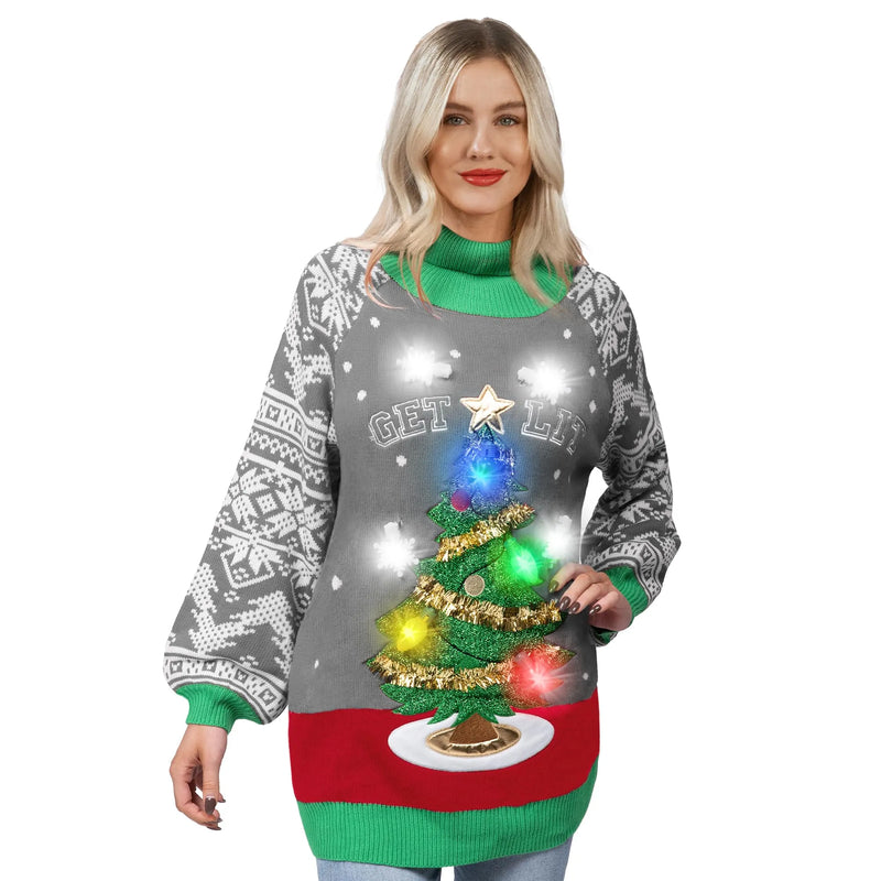 Women s Christmas Tree Ugly Long Sweater LED Light Up Xmas Sweater