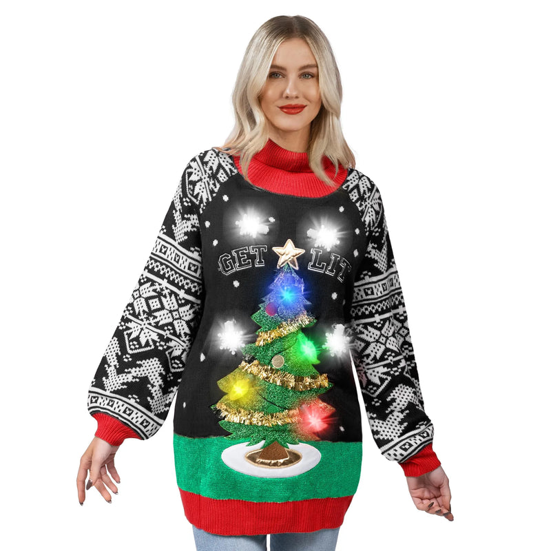 Women’s Christmas Tree Ugly Long Sweater LED Light Up Xmas Sweater