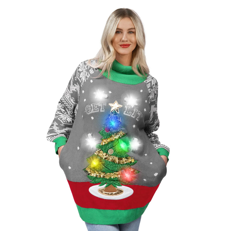 JOYIN Women's Light Up Ugly Christmas Sweater Dress - 3D Tree & Bulbs, 6 Light Modes, Acrylic Black Long Sleeve