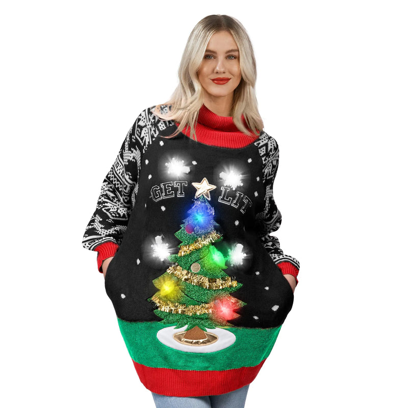 Women s Christmas Tree Ugly Long Sweater LED Light Up Xmas Sweater