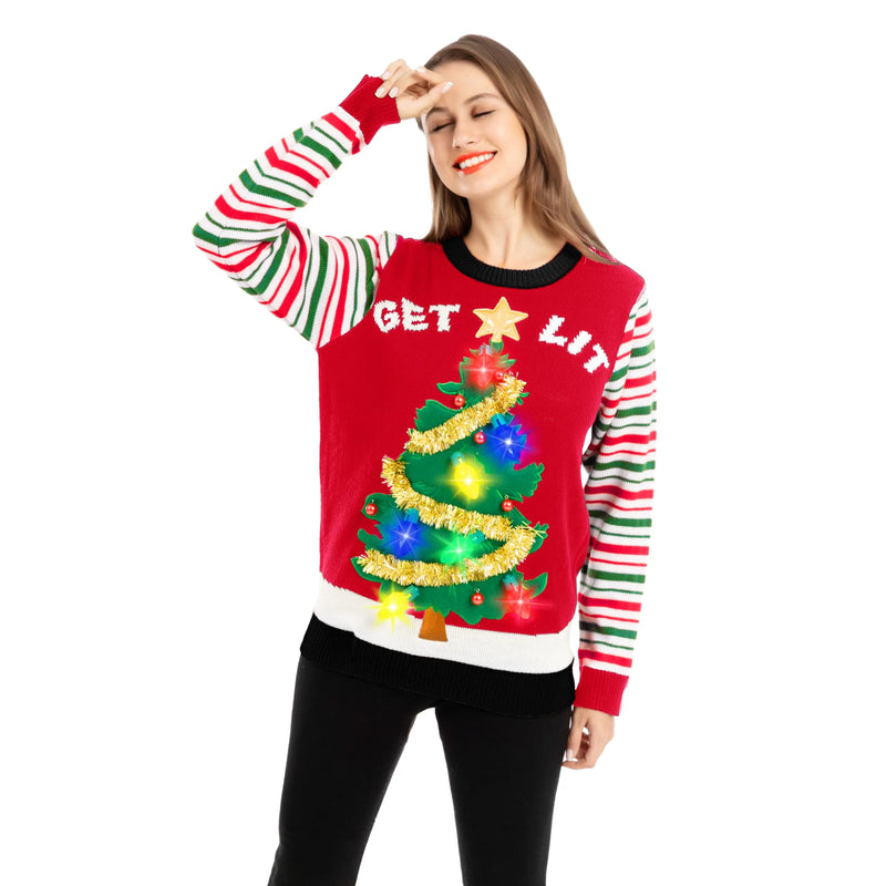 Womens LED Light Up Get Lit Christmas Tree Ugly Christmas Sweater