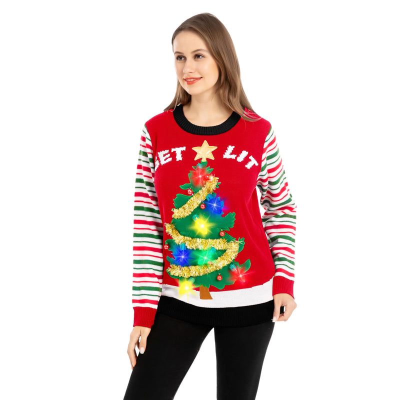 Womens LED Light Up Get Lit Christmas Tree Ugly Christmas Sweater