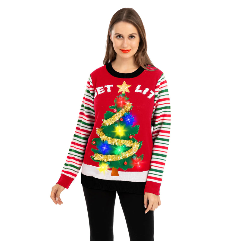 Womens LED Light Up Get Lit Christmas Tree Ugly Christmas Sweater