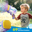 Play-Act 69 Holes Bubble Machine Guns Toys, Bazooka Rocket Shape Bubble Gun for Kids Adults, Colored Lights Blaster Blower with Solution,purple