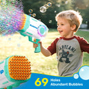 Play-Act 69 Holes Bubble Machine Guns Toys, Bazooka Rocket Shape Bubble Gun for Kids Adults, Colored Lights Blaster Blower with Solution