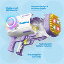 Play-Act 69 Holes Bubble Machine Guns Toys, Bazooka Rocket Shape Bubble Gun for Kids Adults, Colored Lights Blaster Blower with Solution,purple