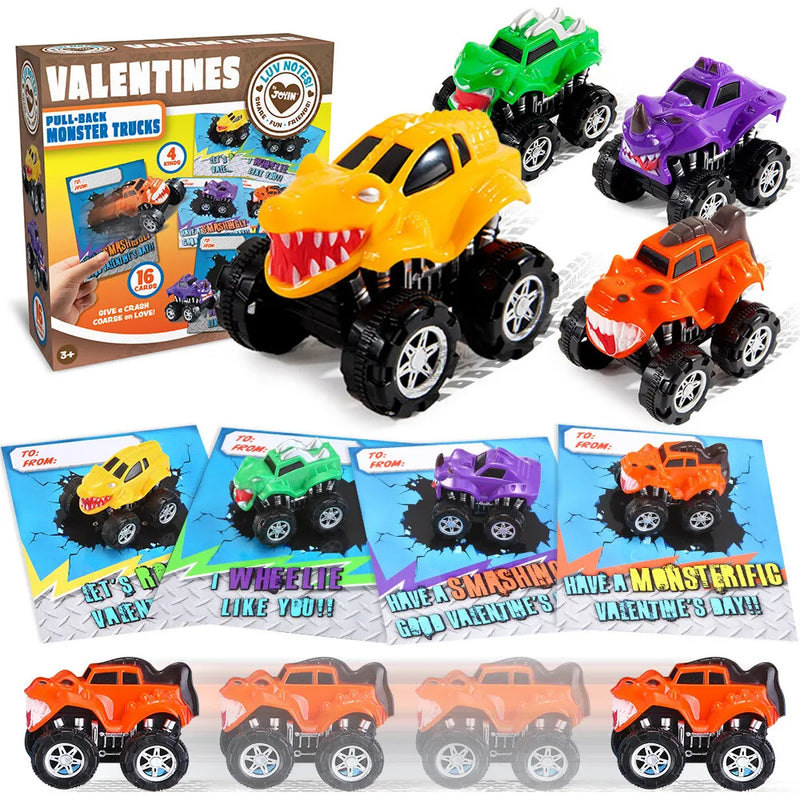 16Pcs Kids Valentines Cards With Pull Back Monster Truck-Classroom Exchange Gifts