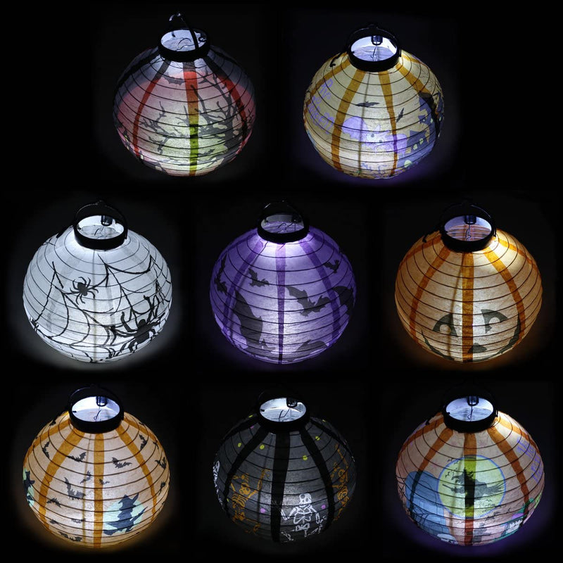10in Paper Lanterns with LED Light and Different Styles, 8 Pack